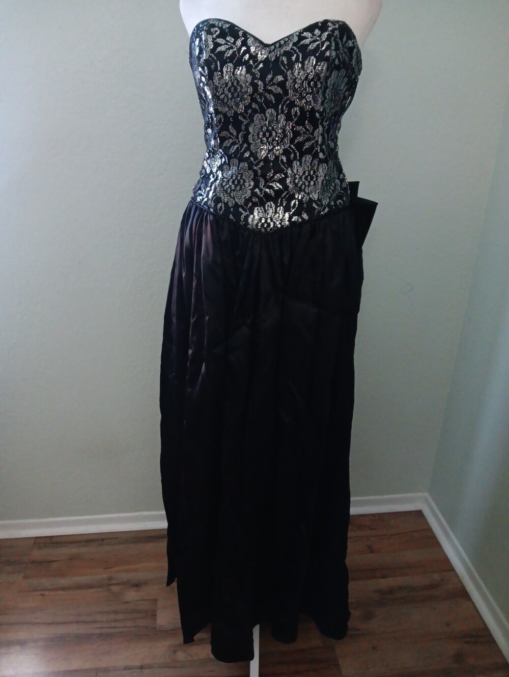 Vintage 80s Black Strapless Gown with Silver Lace Bodice